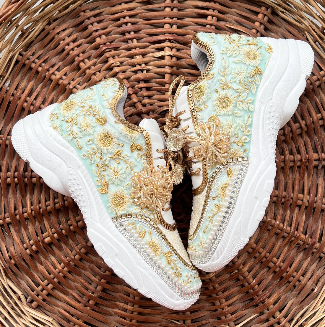 Lywire Exclusive Gold & Green Bridal Sneakers β Premium Handcrafted with Embroidery Magic ππ
