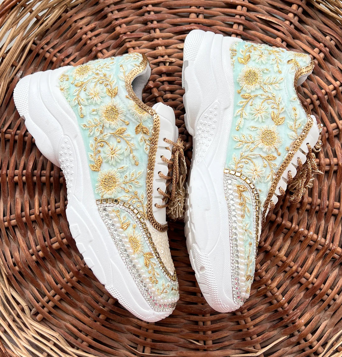 Lywire Exclusive Gold & Green Bridal Sneakers β Premium Handcrafted with Embroidery Magic ππ