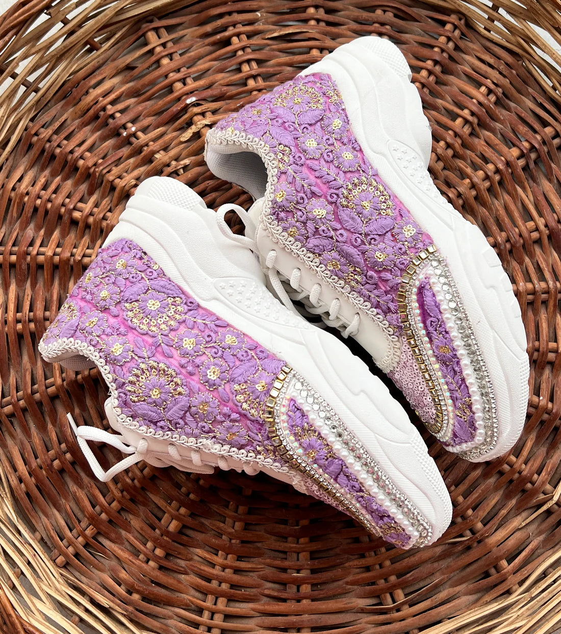 Lywire Lavender Lilac Embroidery Bridesmaid Sneakers β Premium Handcrafted Gold-Touched Perfection!