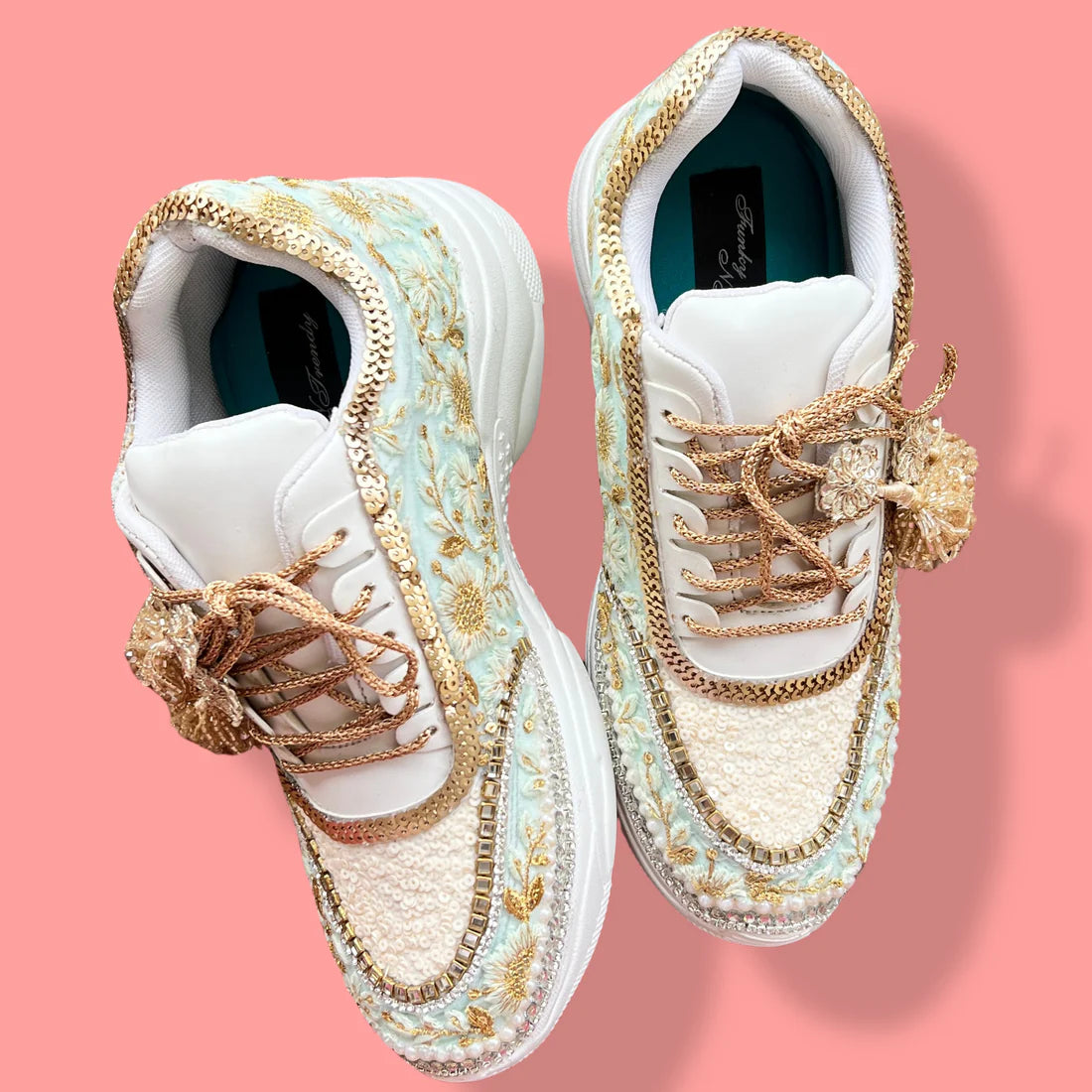 Lywire Exclusive Gold & Green Bridal Sneakers β Premium Handcrafted with Embroidery Magic ππ