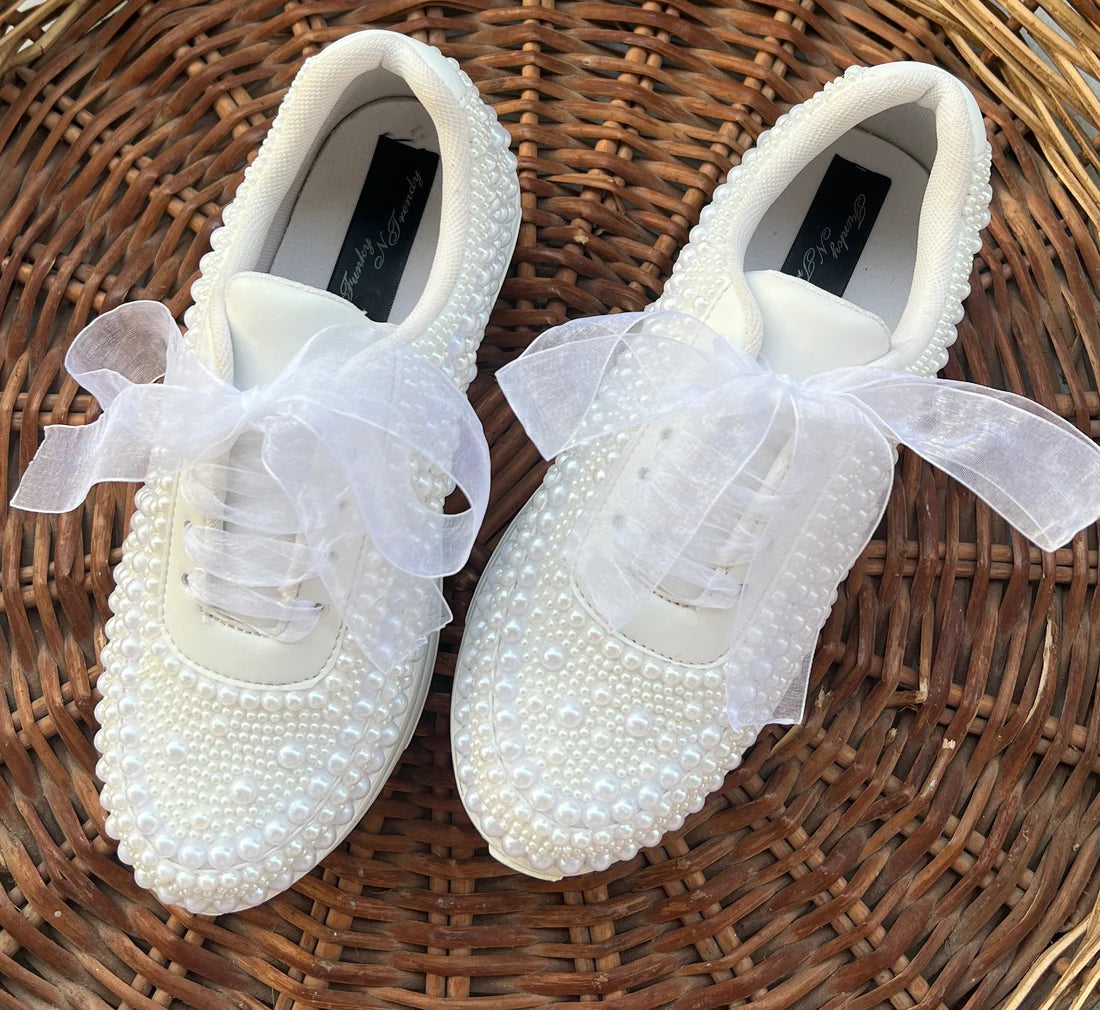 Lywire White Pearl Bridal Sneakers β Handcrafted Elegance for the Perfect Bride!