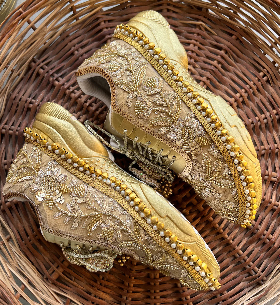 Lywire Sparkling Golden Sequin Work Bridal Sneakers β Premium Ghungaroo Gold Sneakers for Brides!