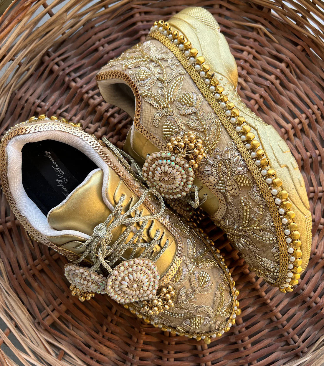Lywire Sparkling Golden Sequin Work Bridal Sneakers β Premium Ghungaroo Gold Sneakers for Brides!