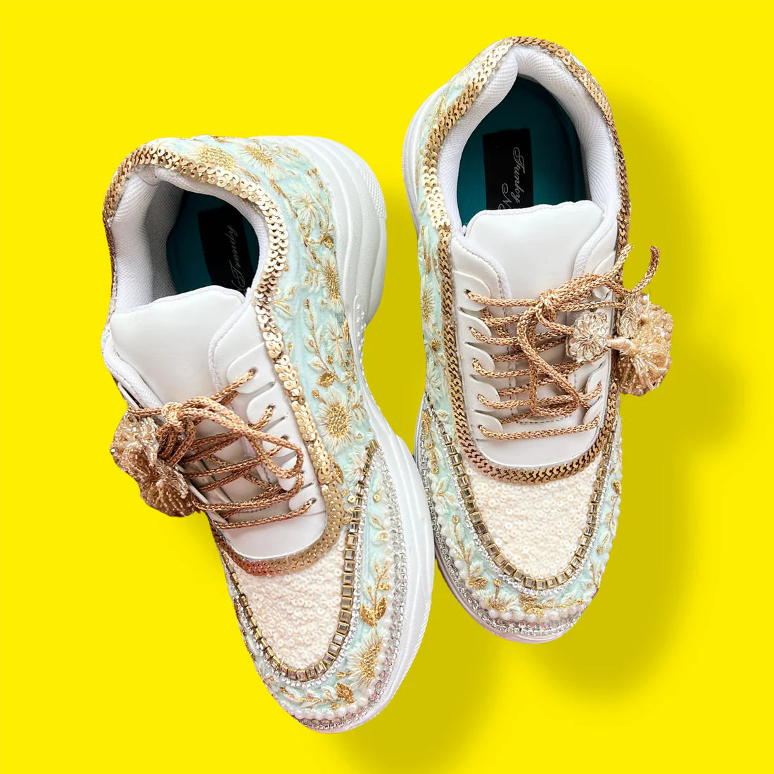 Lywire Exclusive Gold & Green Bridal Sneakers β Premium Handcrafted with Embroidery Magic ππ