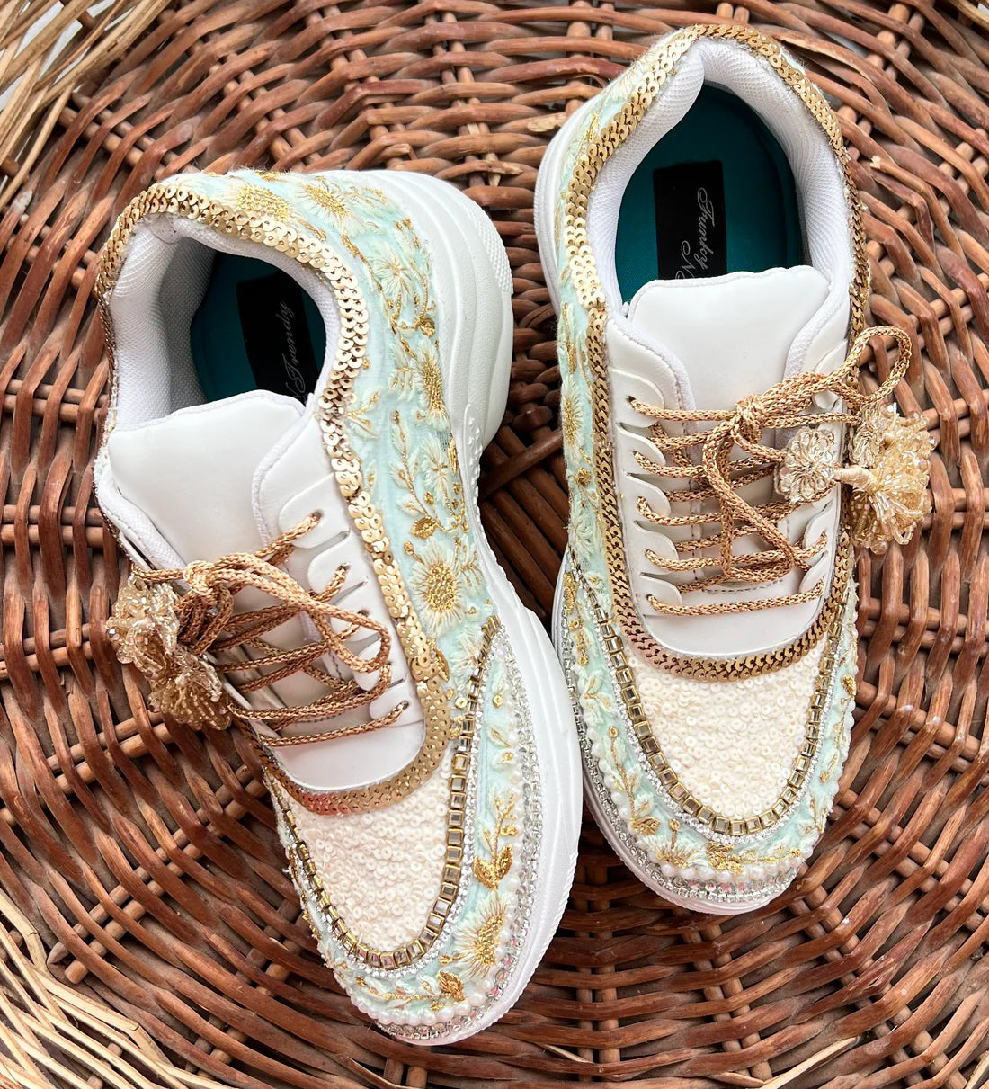 Lywire Exclusive Gold & Green Bridal Sneakers β Premium Handcrafted with Embroidery Magic ππ