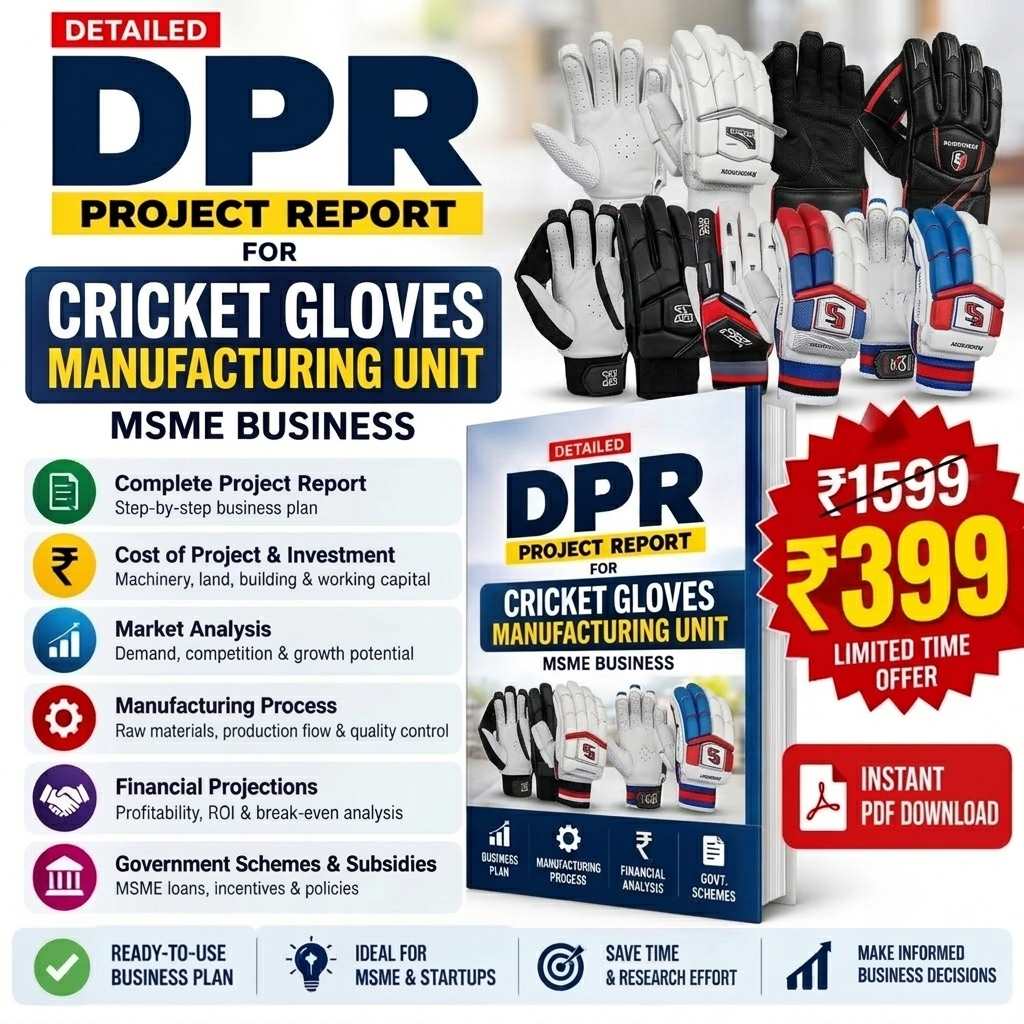 Promotional graphic for a digital PDF project report on cricket gloves manufacturing unit, with multiple pairs of sports gloves shown around a central book cover mockup, pricing text, and download callouts.