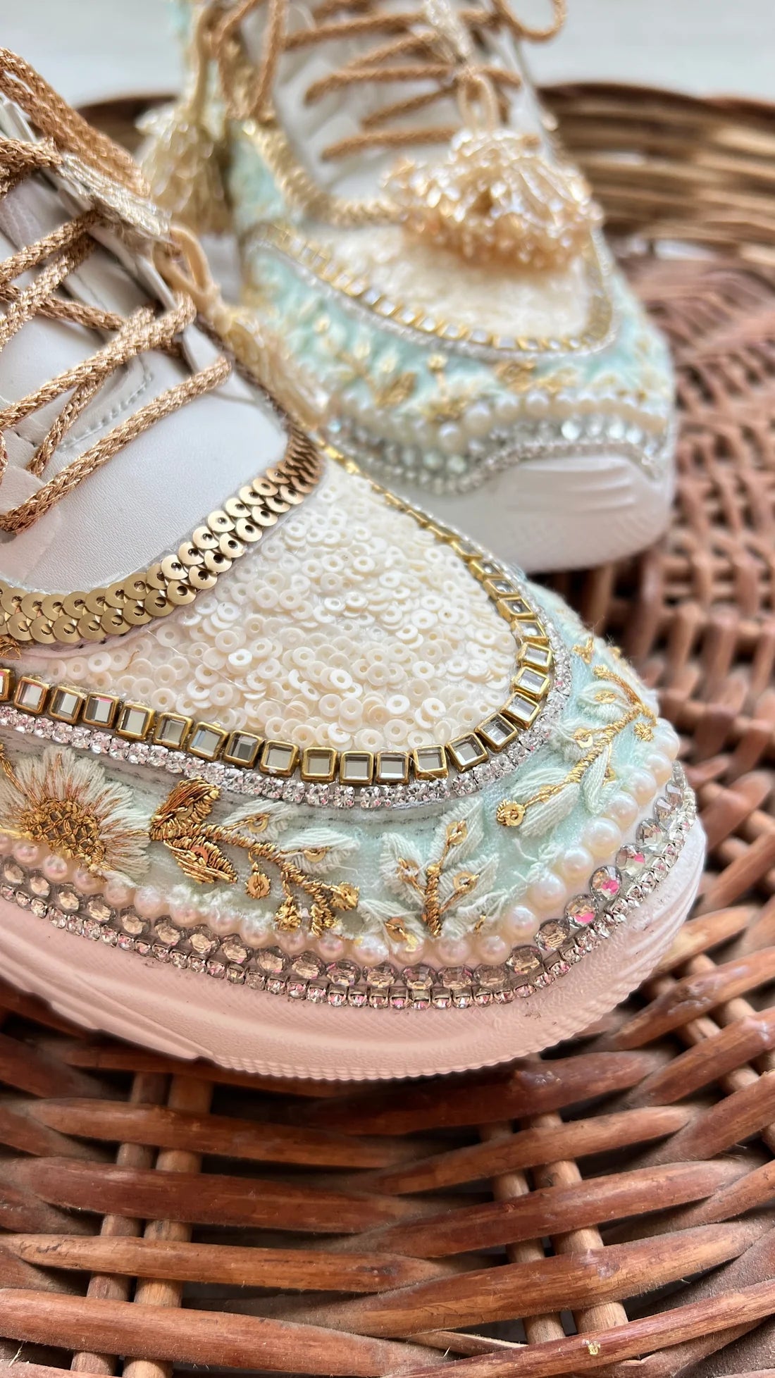Lywire Exclusive Gold & Green Bridal Sneakers β Premium Handcrafted with Embroidery Magic ππ