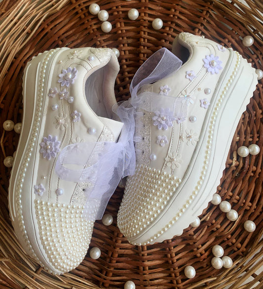 Lywire High-End Bridal Sneakers with Floral & Pearl Accents β Original Design πβ¨