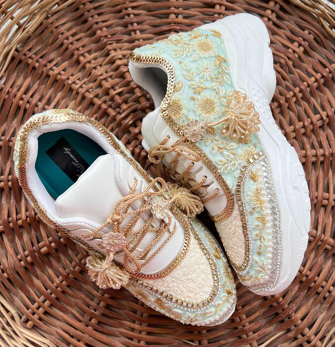 Lywire Exclusive Gold & Green Bridal Sneakers β Premium Handcrafted with Embroidery Magic ππ
