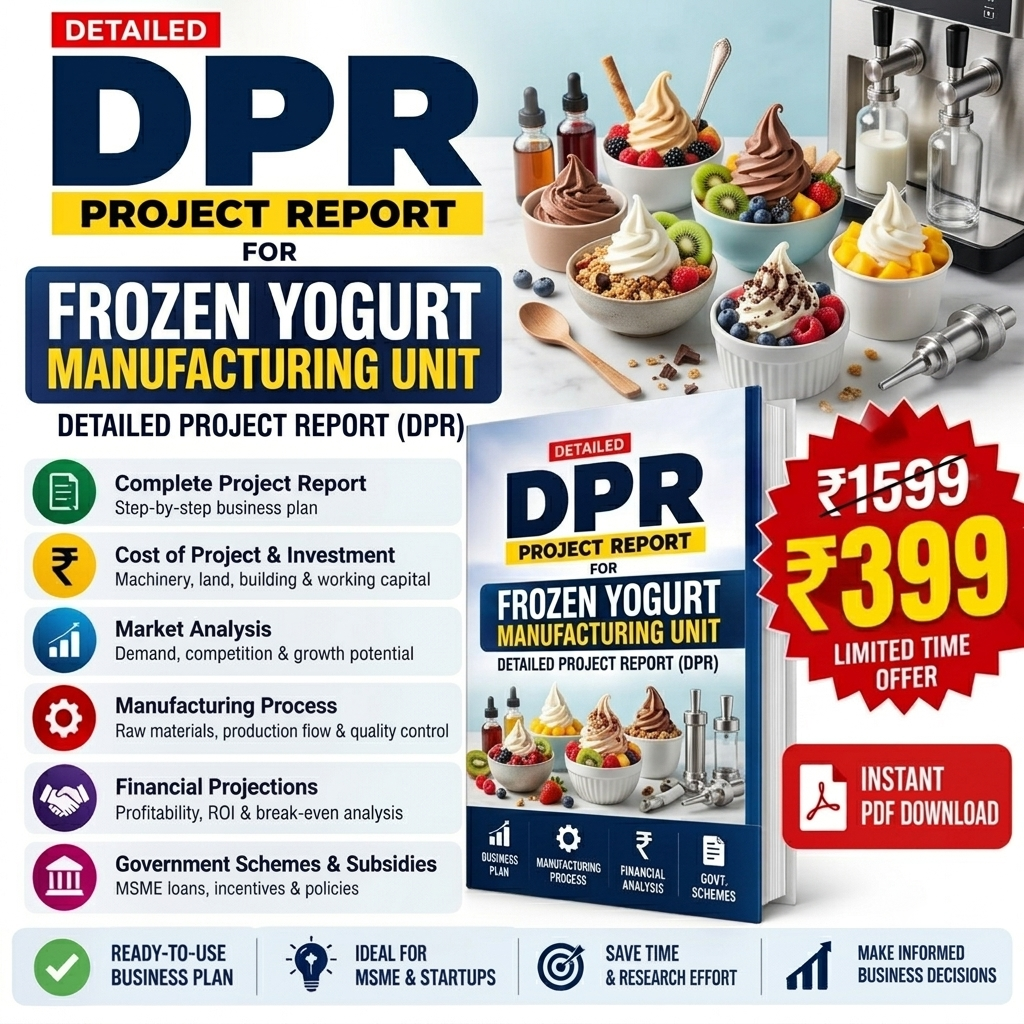 Promotional graphic for a digital PDF project report on 'Frozen Yogurt Manufacturing Unit' by DPR. The image features a mockup of the book cover, various bowls of colorful frozen yogurt, and industrial mixing equipment on a light blue background, with pricing details of ₹1539 and a ₹399 instant PDF download offer.
