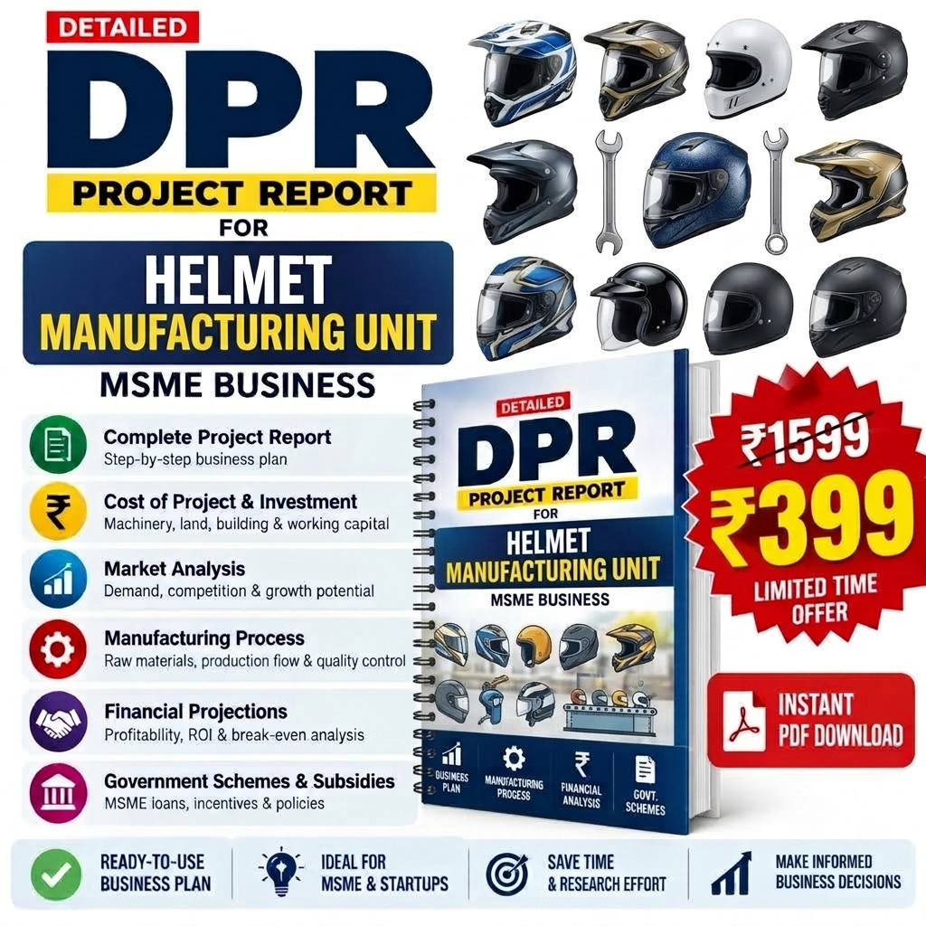Promotional graphic for a digital PDF report titled 'DPR Project Report for Helmet Manufacturing Unit' for MSME business. The design features a spiral-bound book mockup in the center, surrounded by various motorcycle helmets, wrenches, and infographic icons detailing the report's contents.