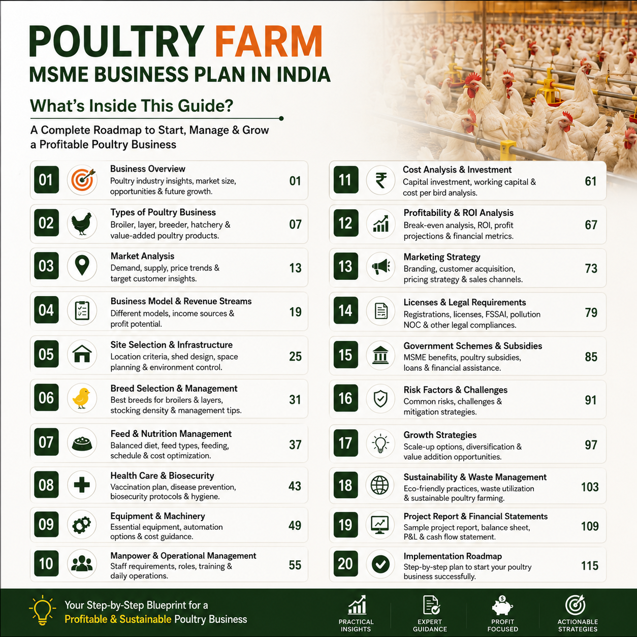 A 115-page poultry farm business plan guide cover, featuring a structured infographic layout with sections on business overview, types of poultry business, market analysis, site selection, breed selection, feed and nutrition, health care, equipment, manpower, cost analysis, profitability, marketing strategy, risk factors, growth strategies, sustainability, and implementation roadmap.