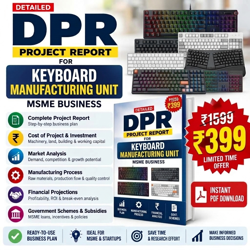Promotional graphic for a 'Detailed DPR Project Report for Keyboard Manufacturing Unit' PDF download, featuring multiple keyboard layouts, a book cover mockup, and marketing text in Hindi and English on a light gray background.