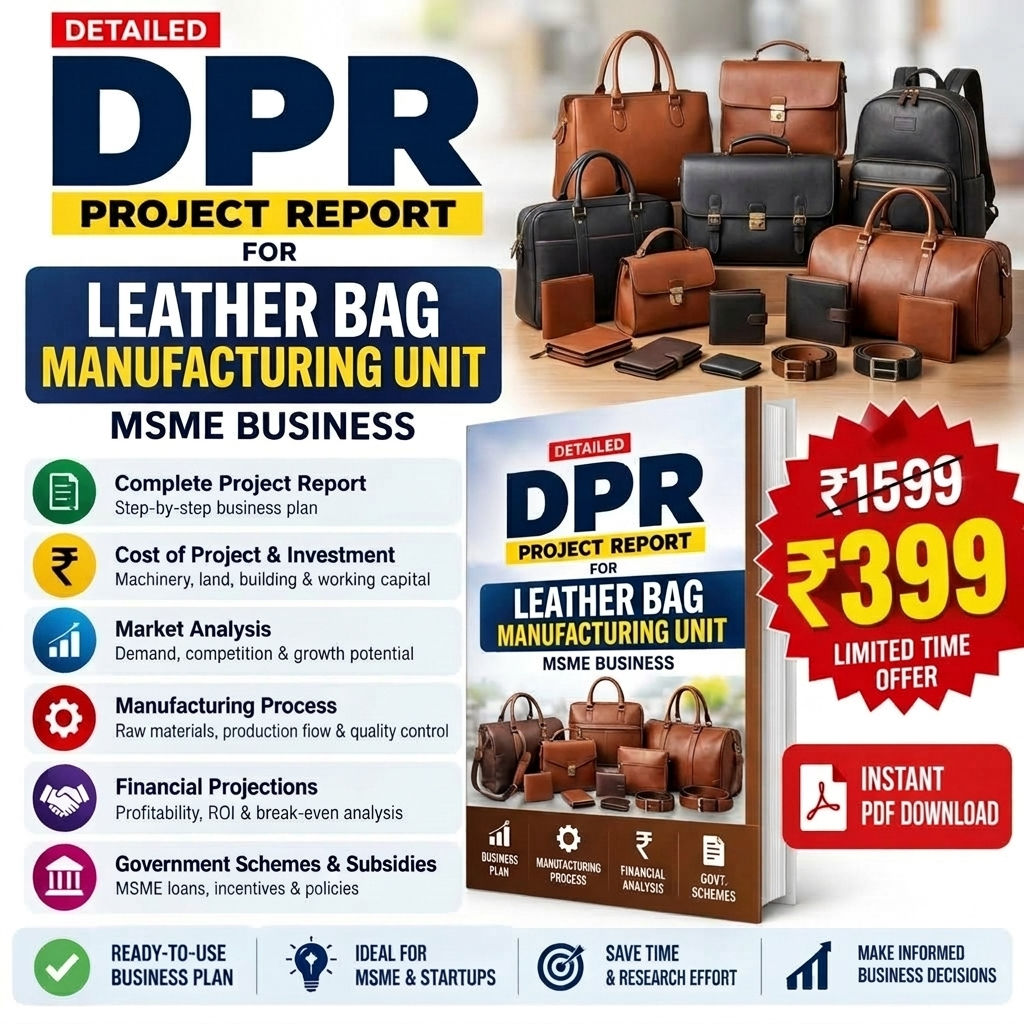 Promotional graphic for a digital PDF report titled 'DPR Project Report for Leather Bag Manufacturing Unit' by MSME Business. The design features a collage of brown and black leather bags on the right, a book mockup in the center-right, and a list of included business report sections on the left.