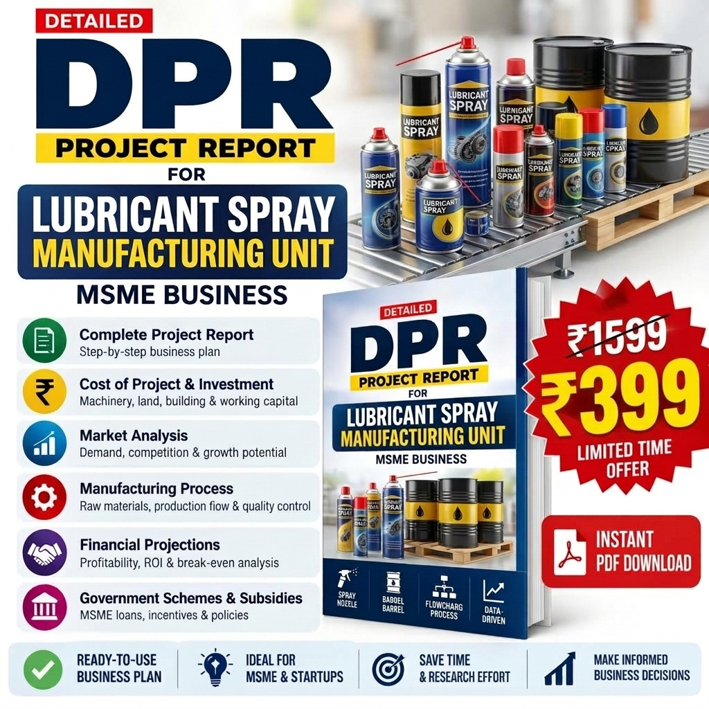 Promotional graphic for a digital PDF project report on lubricant spray manufacturing unit, featuring a book cover mockup, multiple lubricant spray cans on a pallet, and marketing text in English with pricing and instant PDF download callouts.