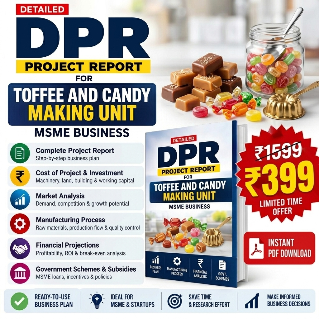 Promotional graphic for a digital PDF report titled 'DPR Project Report for Toffee and Candy Making Unit'. The design features a dark blue and yellow color scheme, showing a mockup of the book cover, a jar of colorful candies, and various feature icons on the left.