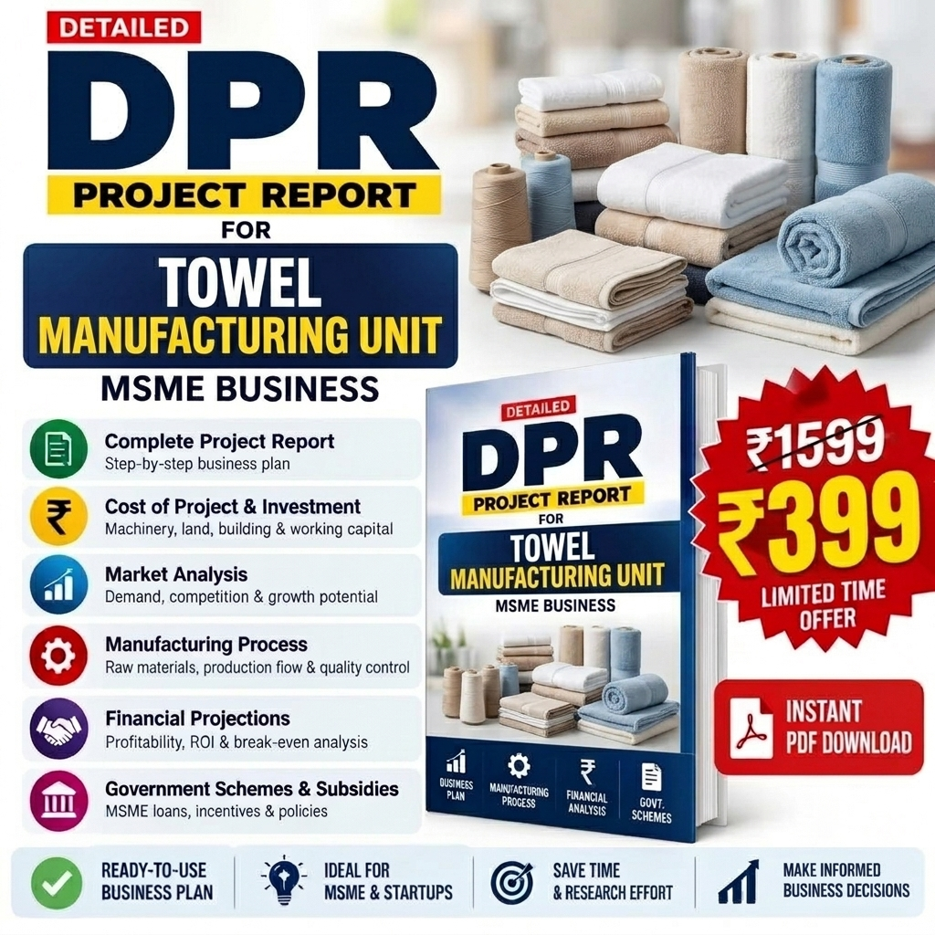 Promotional graphic for a digital PDF report titled 'DPR Project Report for Towel Manufacturing Unit'. The design features a stack of folded towels on the right, a 3D book mockup in the center-right, and a list of key business topics on the left.