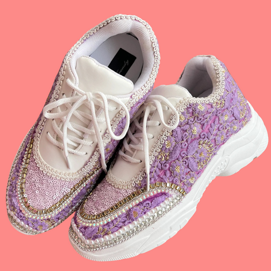 Lywire Lavender Lilac Embroidery Bridesmaid Sneakers β Premium Handcrafted Gold-Touched Perfection!
