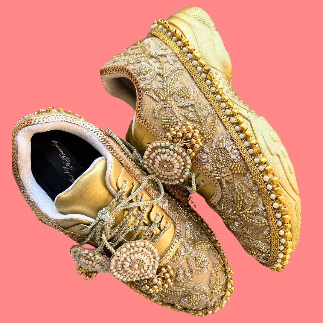 Lywire Sparkling Golden Sequin Work Bridal Sneakers β Premium Ghungaroo Gold Sneakers for Brides!