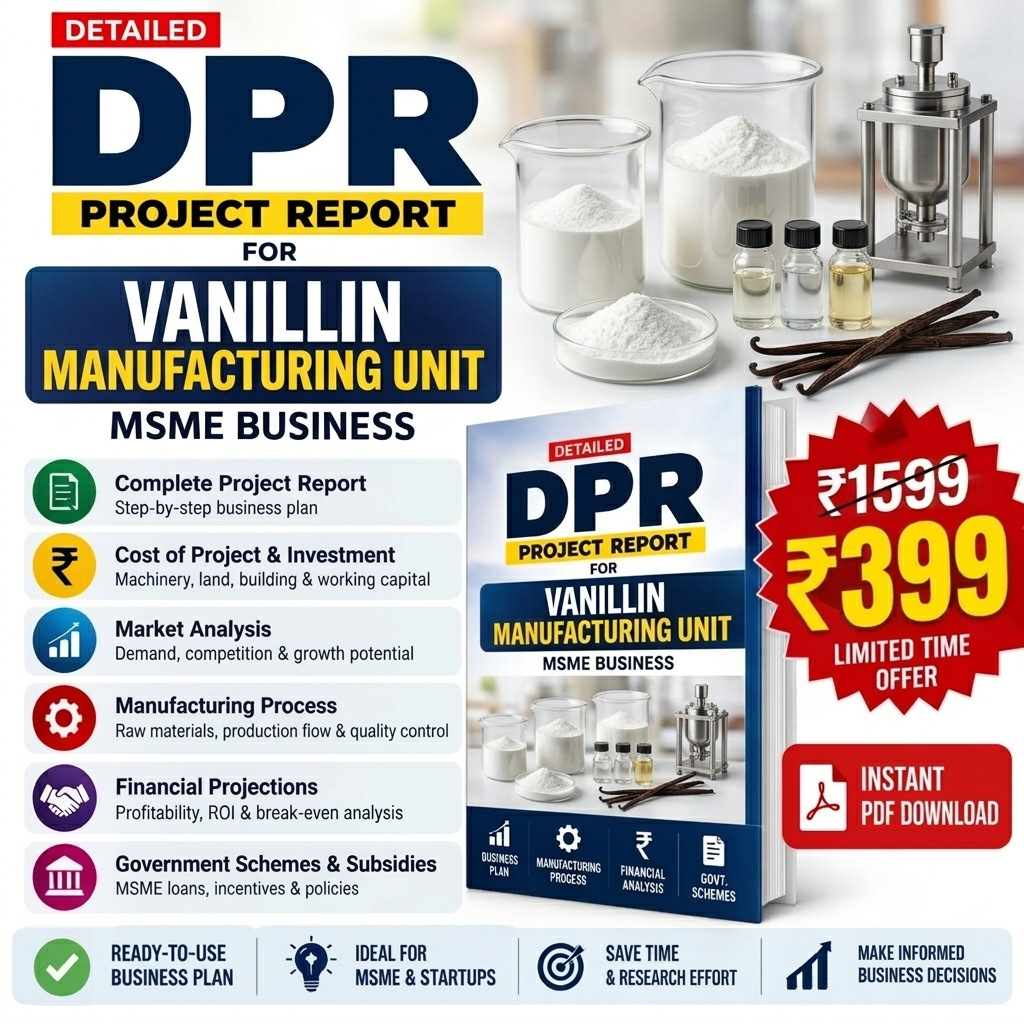 Promotional graphic for a digital PDF project report on vanillin manufacturing unit, shown with a book cover mockup, laboratory ingredients, and a red price badge offering instant PDF download.