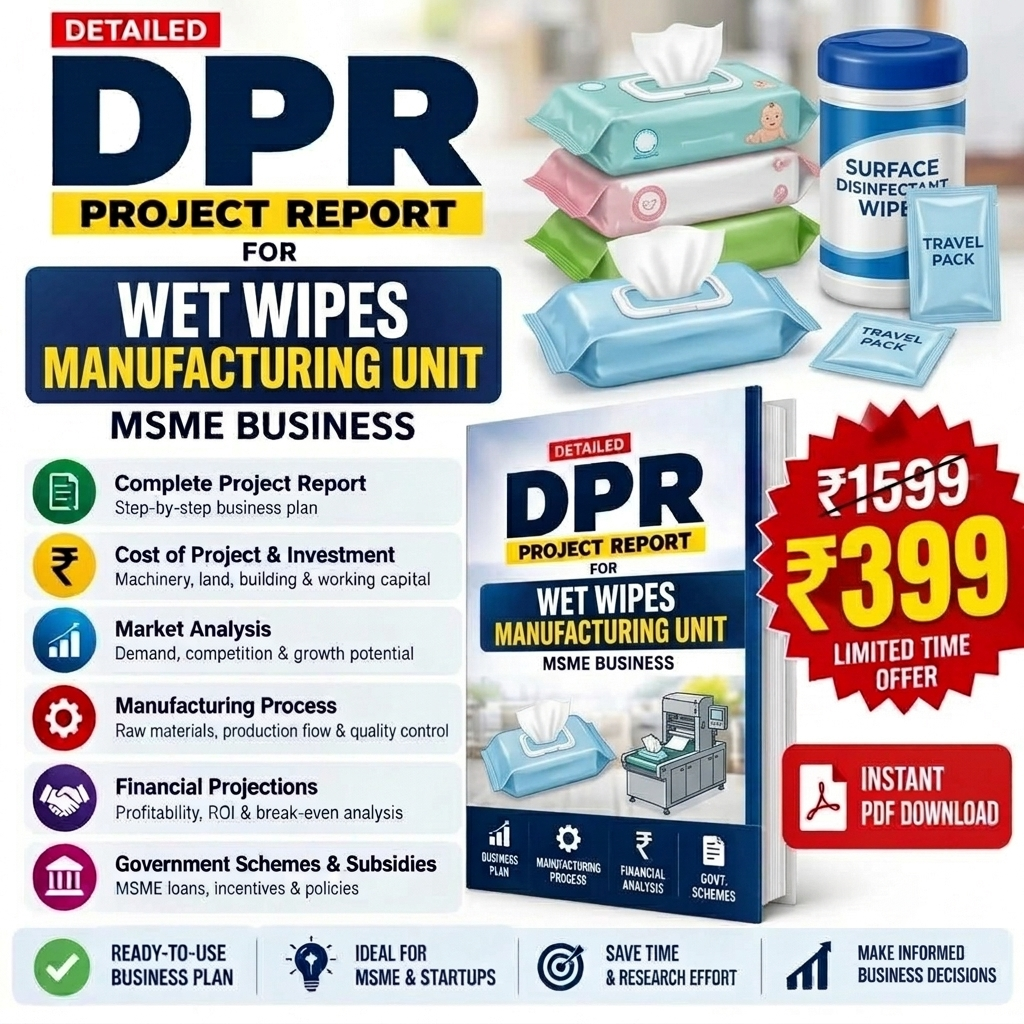 Promotional graphic for a digital PDF report titled 'DPR Project Report for Wet Wipes Manufacturing Unit' designed for MSME businesses. The image features a mockup of the blue and white PDF cover, a jar of surface disinfectant wipes, several packs of wet wipes, and travel packs, alongside a red starburst offering the report for ₹399 as an instant PDF download.