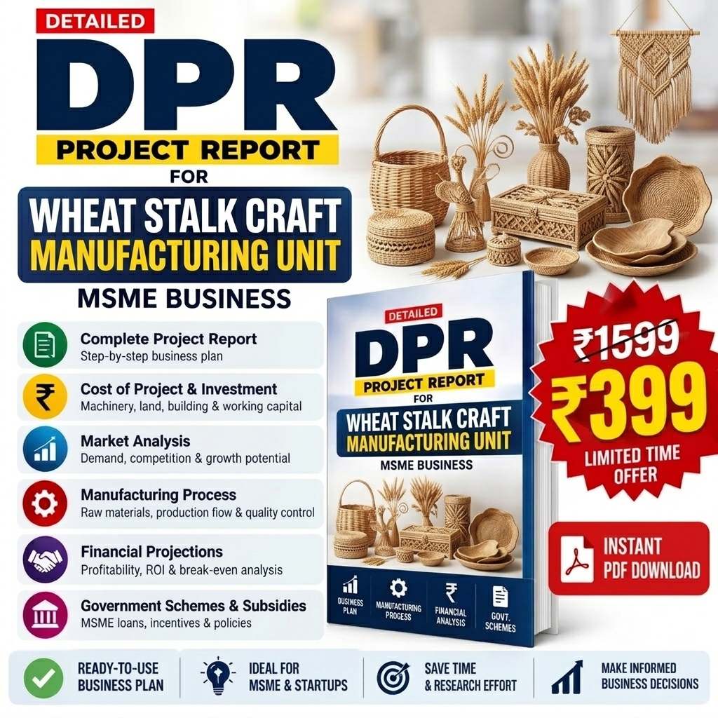 Promotional graphic for a digital PDF report titled 'DPR Project Report for Wheat Stalk Craft Manufacturing Unit'. The design features a blue and yellow header, a list of key business analysis topics on the left, a 3D rendering of wooden craft items on the top right, a mockup of the book cover in the center-right, and a red starburst showing the price drop from ₹1539 to ₹399 with an 'Instant PDF Download' badge.