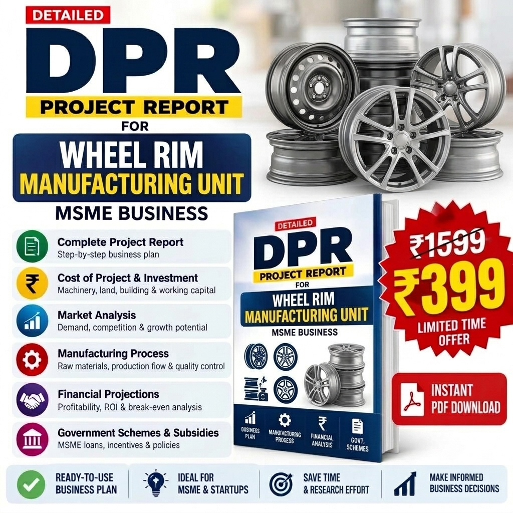 Promotional graphic for a digital PDF report titled 'Detailed DPR Project Report for Wheel Rim Manufacturing Unit'. The design features a blue and yellow layout with a 3D mockup of the report cover, a stack of metallic wheel rims, and a red price badge showing 'Rs.