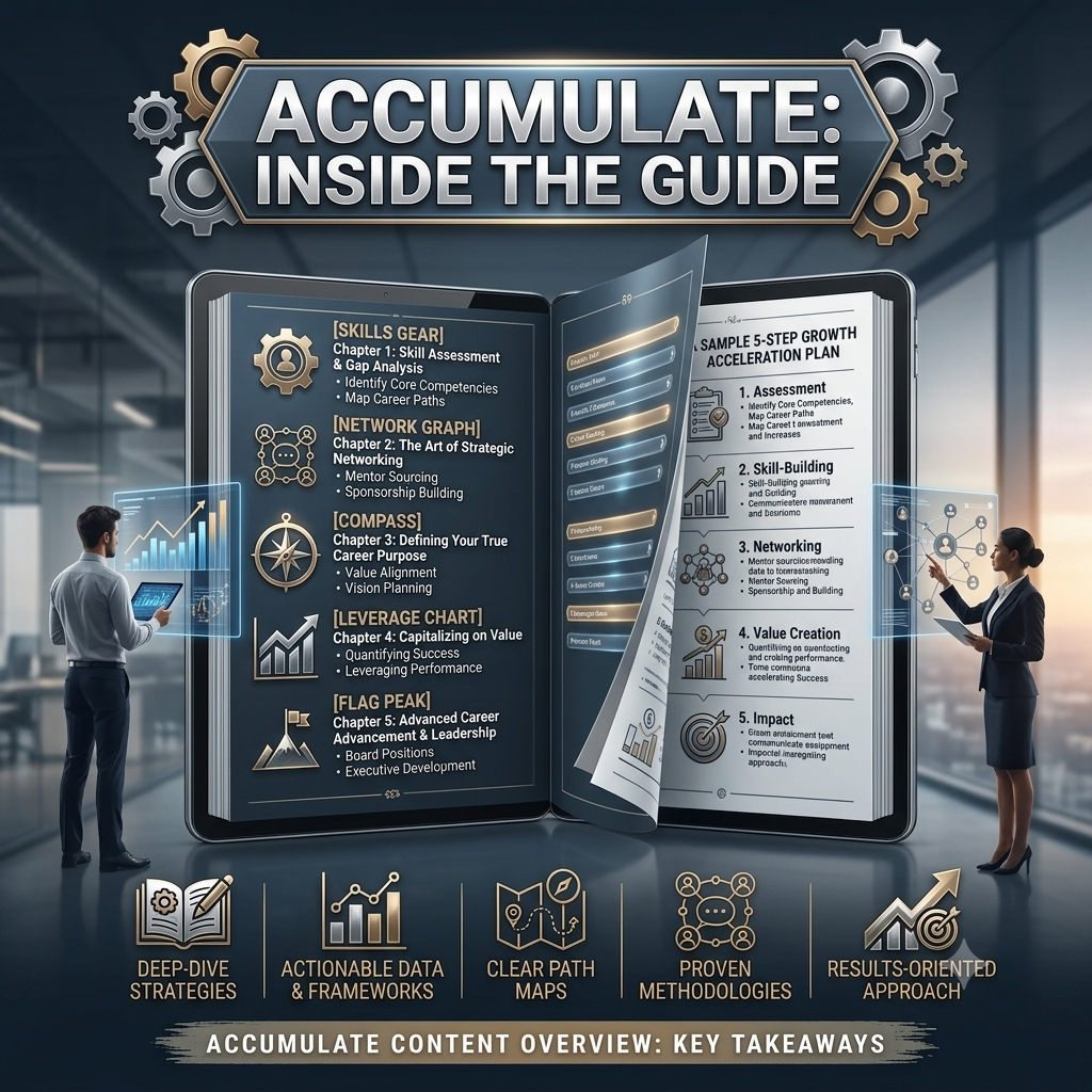 Promotional graphic for a digital guide titled 'Accumulate: Inside the Guide', showing an open tablet with a dark blue and gold roadmap layout, flanked by two people in a modern office setting. The bottom features feature badges highlighting key content areas like deep-tee strategies and actionable data frameworks.