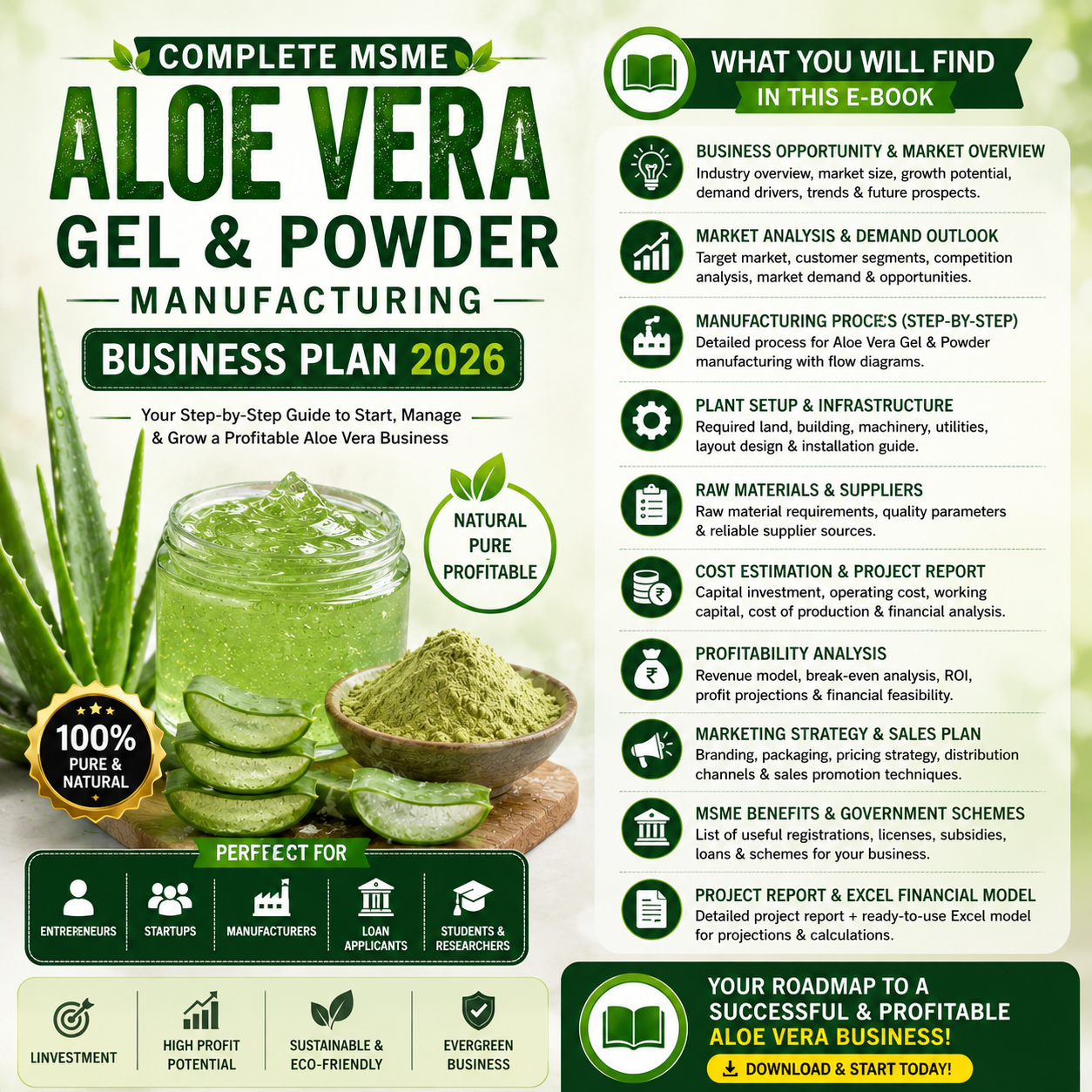 Aloe Vera Manufacturing Business Plan illustrating leaf washing, filleting, gel filtration, and spray drying workflow.