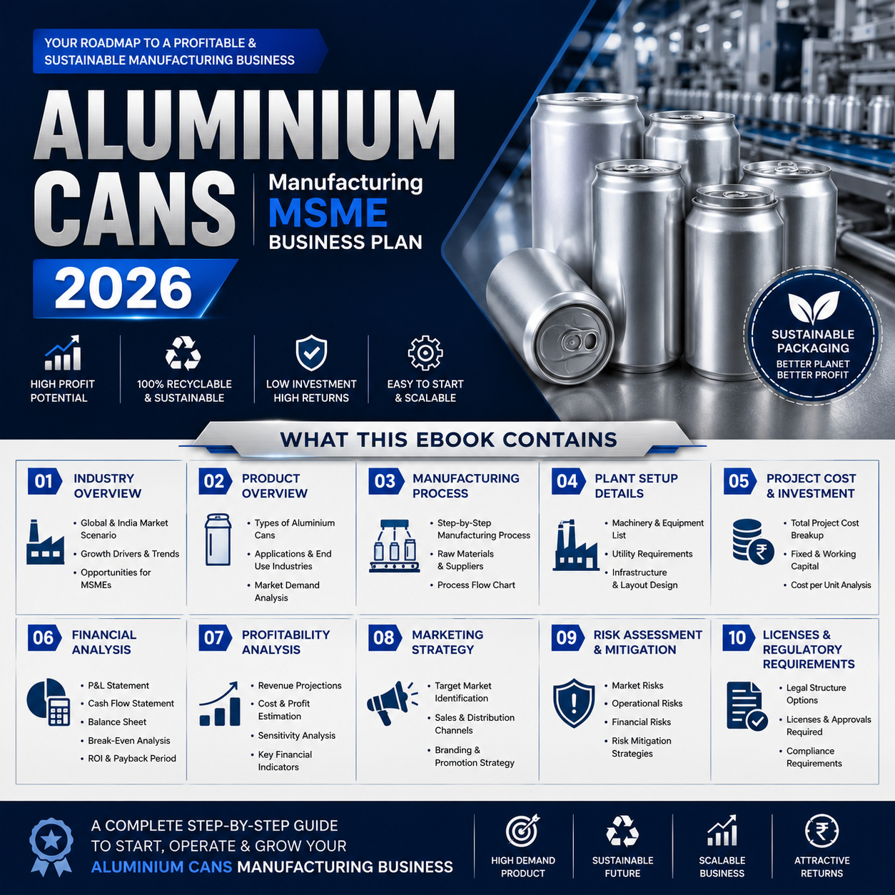 Aluminium Cans Business Plan illustrating the cupping, deep drawing, trimming, internal spray coating, and necking production workflow.