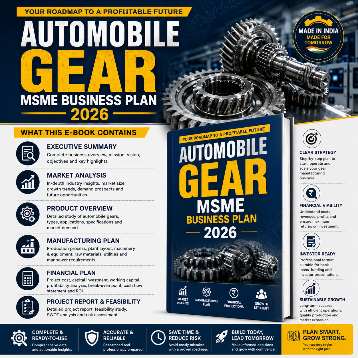 Automobile Gear Business Plan illustrating alloy steel forging blanking, CNC turning, gear hobbing/shaping, heat treatment (carburizing and quenching), gear grinding, and profile inspection.