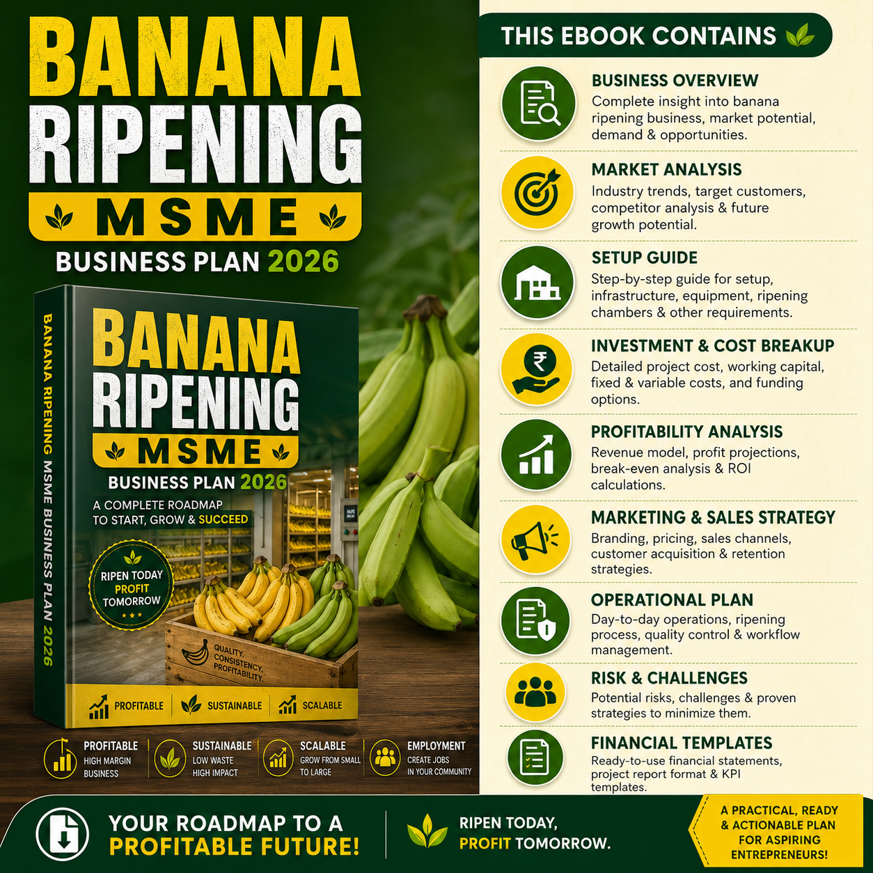 Banana Ripening Business Plan illustrating green banana intake, temperature pull-down, automated ethylene dosing, CO2 ventilation, humidity control, and market dispatch.