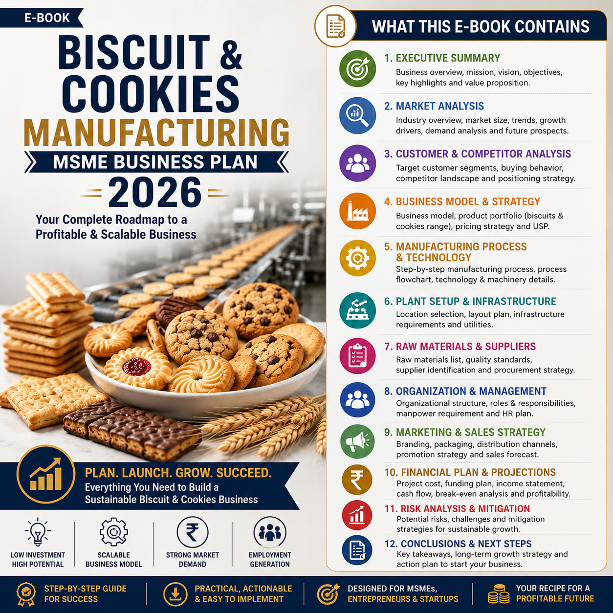 Biscuit & Cookies Business Plan illustrating raw material creaming/mixing (flour, butter, sugar), dough forming (wire-cut/rotary moulding), tray loading, rotary rack oven baking, cooling, and flow-wrap packaging.