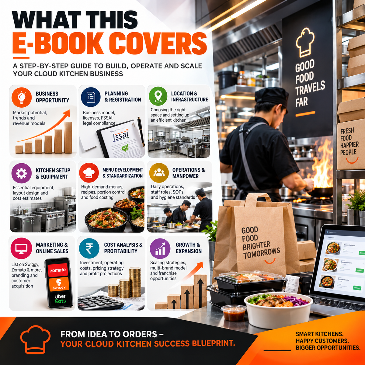 Promotional infographic for an e-book cover about building and operating a cloud kitchen business, with text blocks, icons, a chef in a kitchen, a food cart scene, and a paper bag of food on a counter.