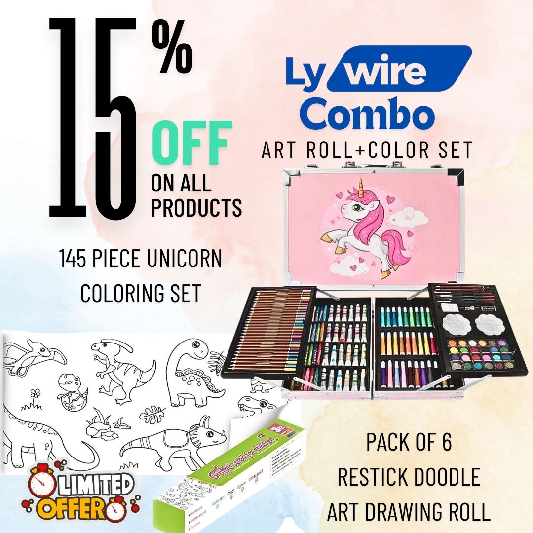 Combo of Unicorn 145 piece Color Set & 6 Pack ReStick Drawing Art Scroll