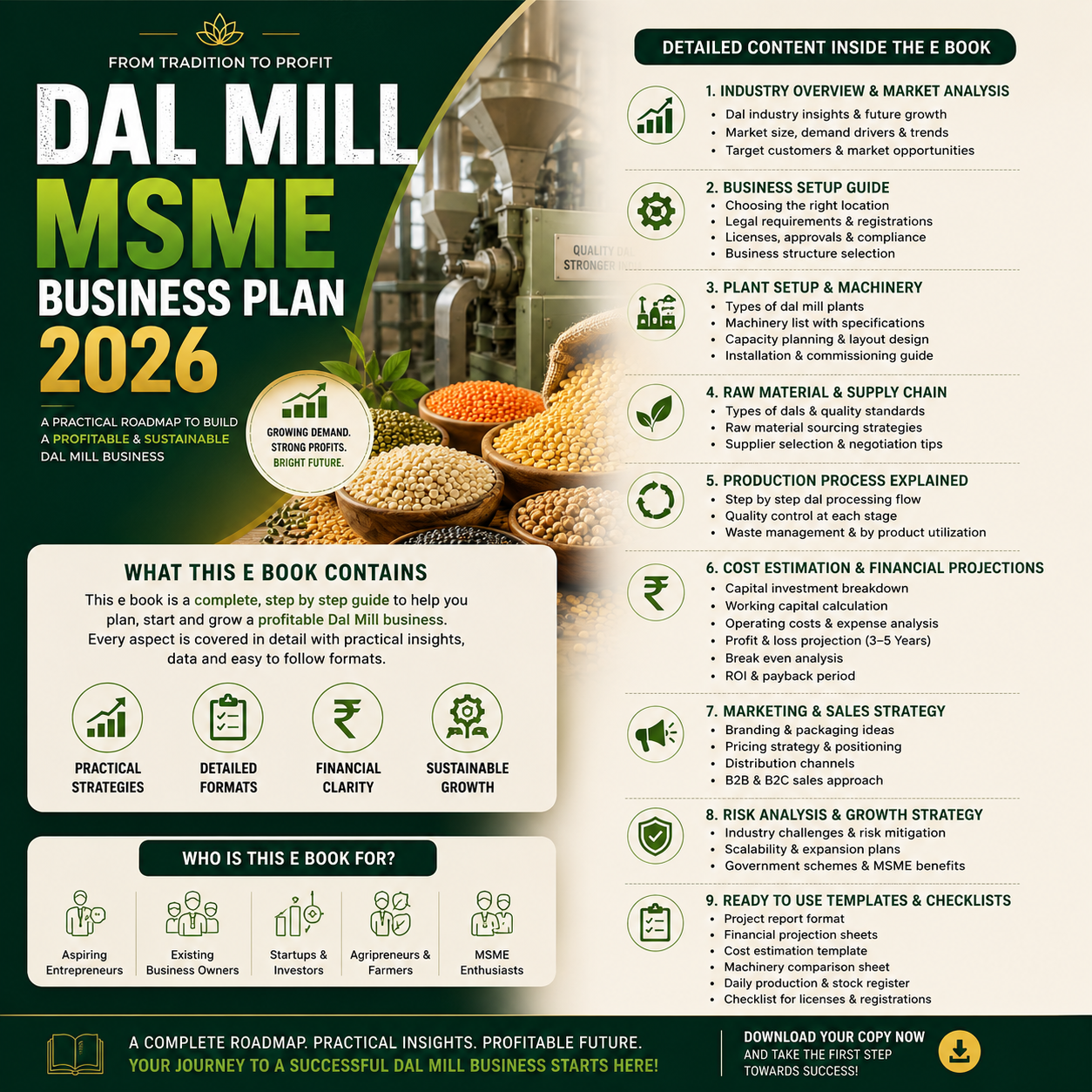 Dal Mill Business Plan illustrating raw pulse destoning and grading, oil/water conditioning, dehusking and splitting, polisher processing, color sorting, and automatic pouch packing.
