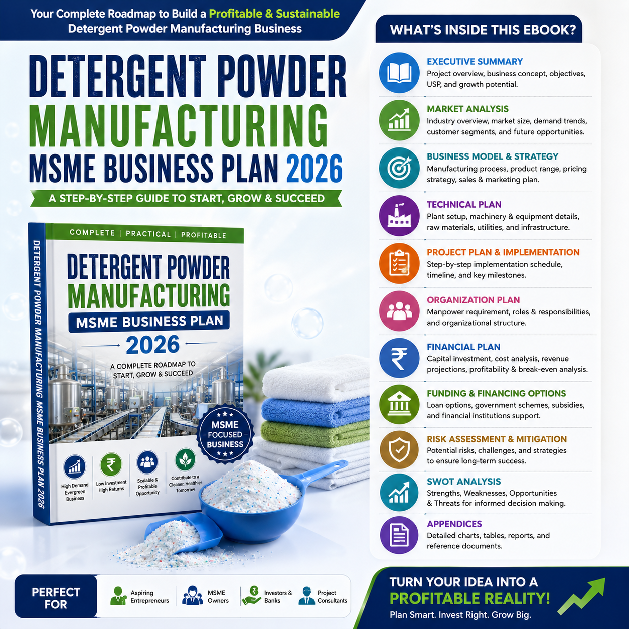 Detergent Powder Business Plan illustrating raw material dosing (Soda Ash, LABSA), ribbon blending, screening, perfuming, and pouch packaging workflow.