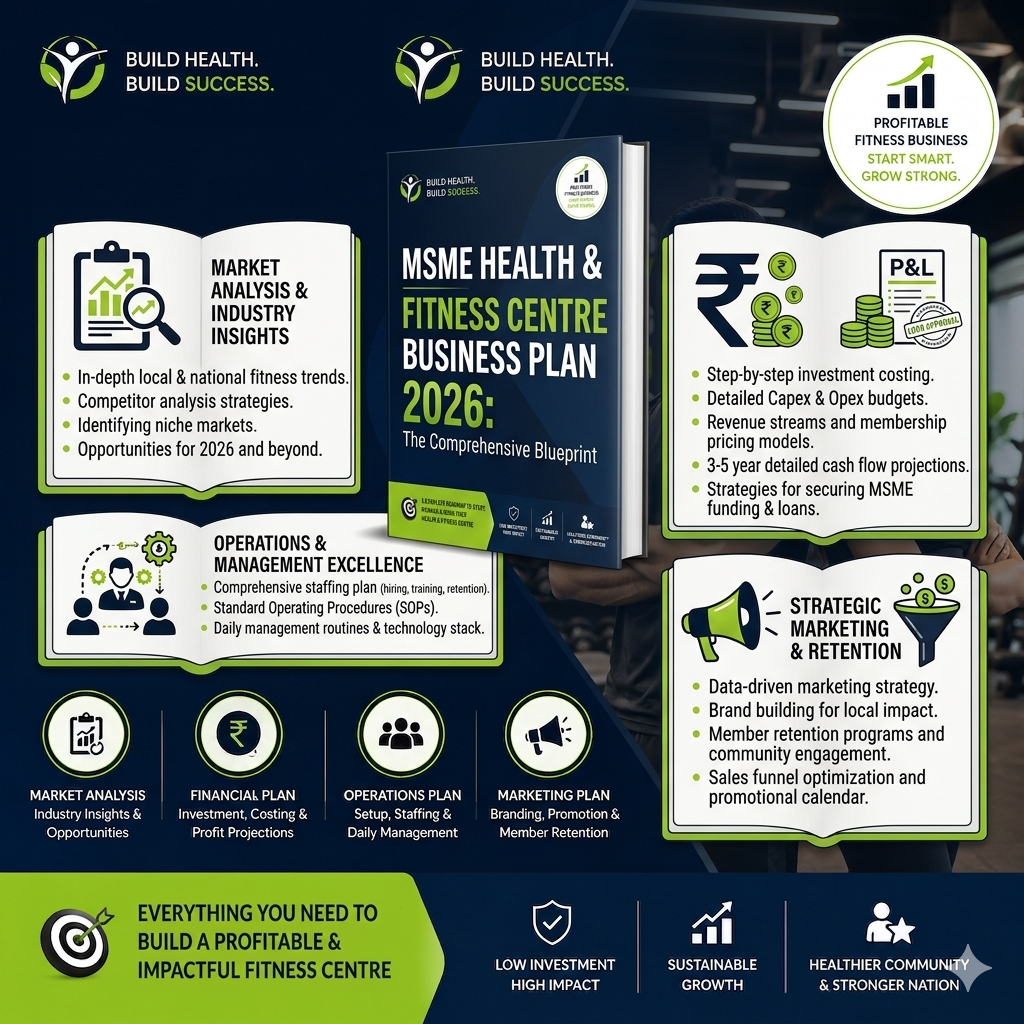 Health & Fitness Centre Business Plan illustrating spatial planning for cardio zones, heavy weightlifting area, group exercise studio, reception, and locker rooms.