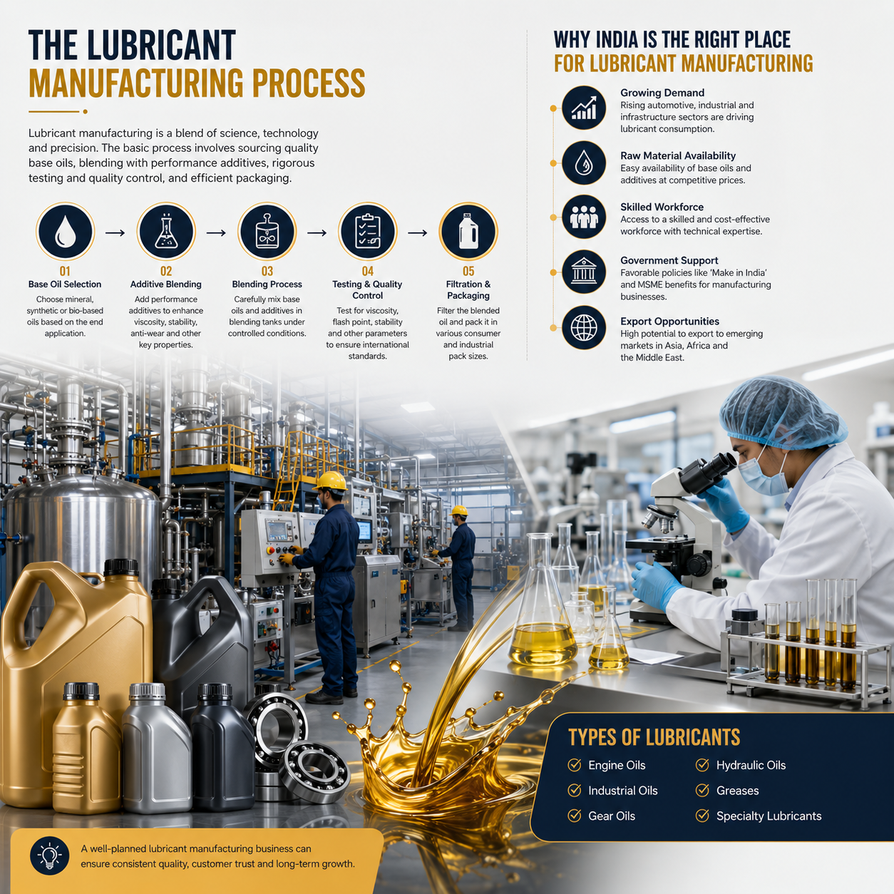 An infographic poster titled 'THE LUBRICANT MANUFACTURING PROCESS' with a step-by-step diagram of the manufacturing process, a large photo of an oil refinery in the bottom half, and text sections on 'WHY INDIA IS THE RIGHT PLACE FOR LUBRICANT MANUFACTURING' and 'TYPES OF LUBRICANTS'.