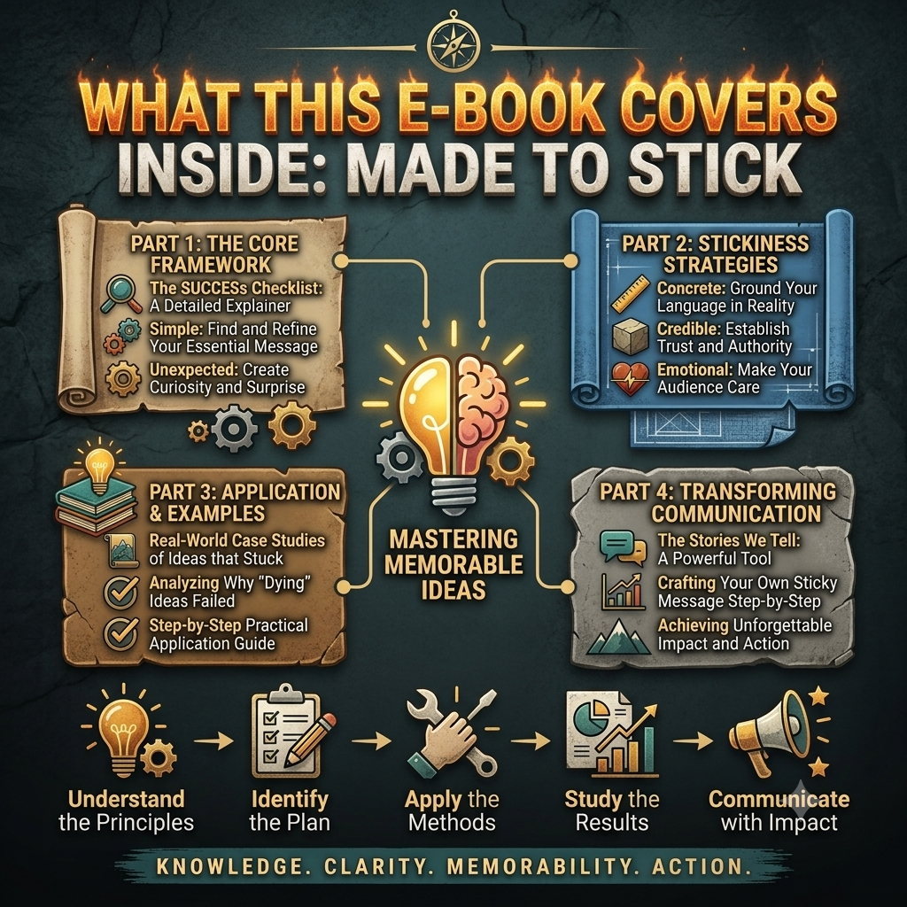 Promotional infographic for an e-book titled 'What This E-Book Covers: Inside: Made to Stick', showing four colored panels with icons and text about core framework, stickiness strategies, application & examples, and transforming communication, plus a central lightbulb and the words 'Mastering Memorable Ideas'.