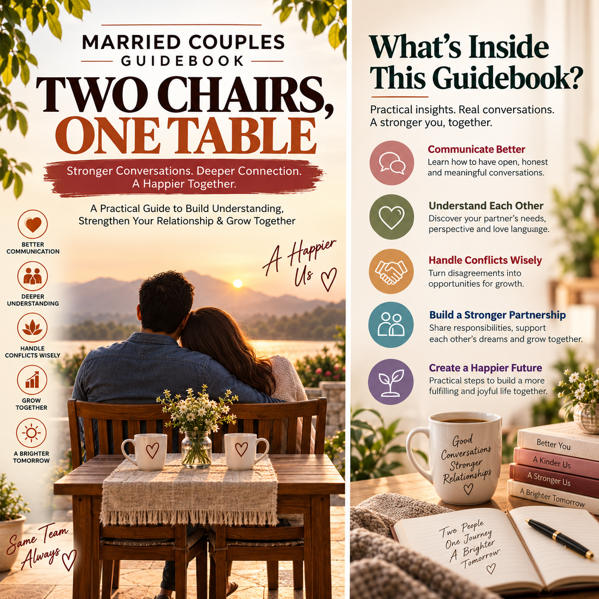 Promotional graphic for the 'Two Chairs, One Table' Married Couples Guidebook, featuring a couple from behind sitting at a table with heart details, alongside text panels outlining the guidebook's contents.