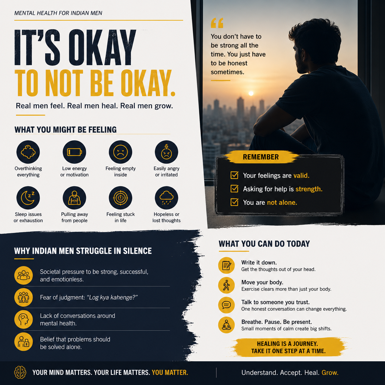 An informational poster titled 'MENTAL HEALTH FOR INDIAN MEN' with text panels, icons, and a photo of a man looking out over a city skyline. The design uses black, white, and yellow as the main colors, with a blue-gray gradient background.