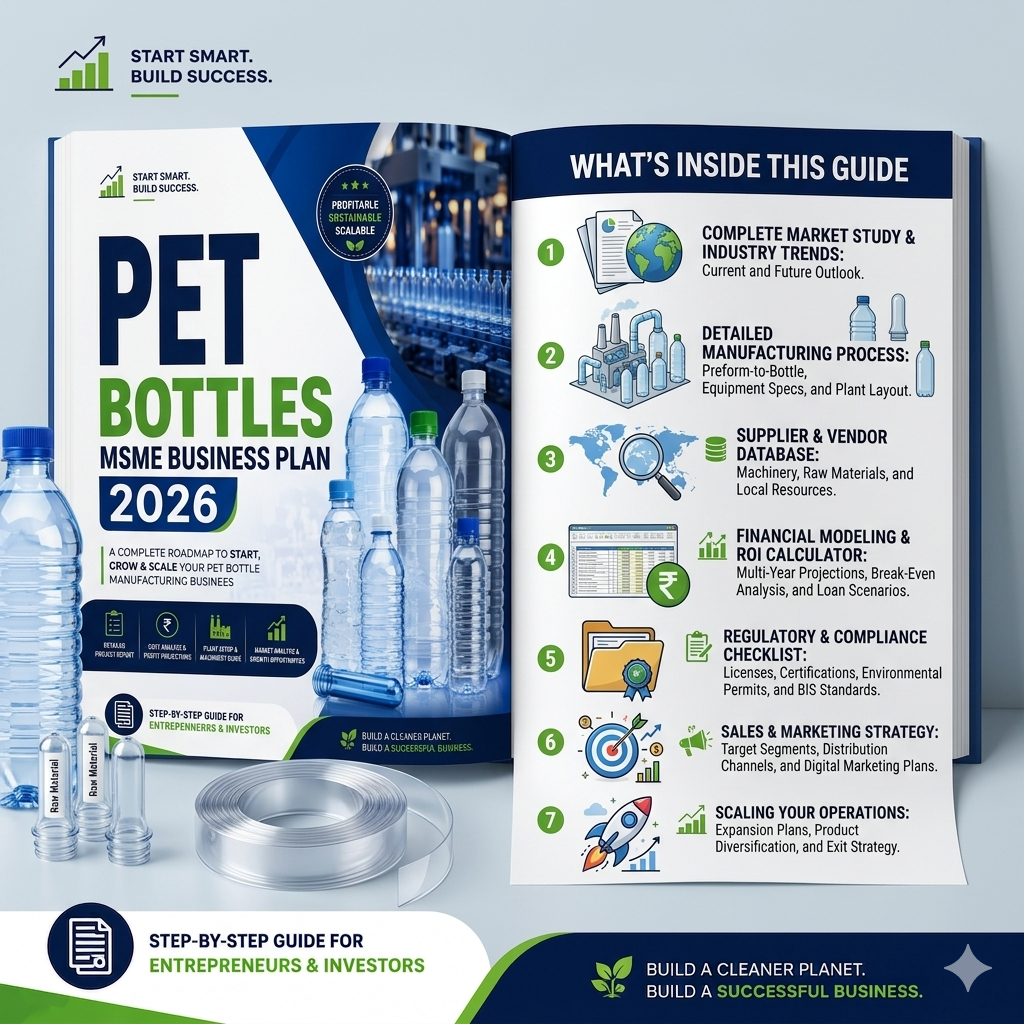 PET Bottles Business Plan illustrating PET preform loading, IR oven pre-heating, stretch blow moulding, high-pressure air expansion, bottle ejection, and conveyor air-line transport.