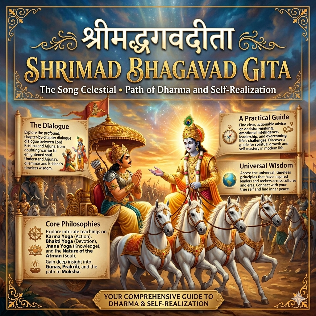 Shrimad Bhagavad Gita illustrating the structure of the 18 chapters divided into Karma Yoga, Jnana Yoga, and Bhakti Yoga.