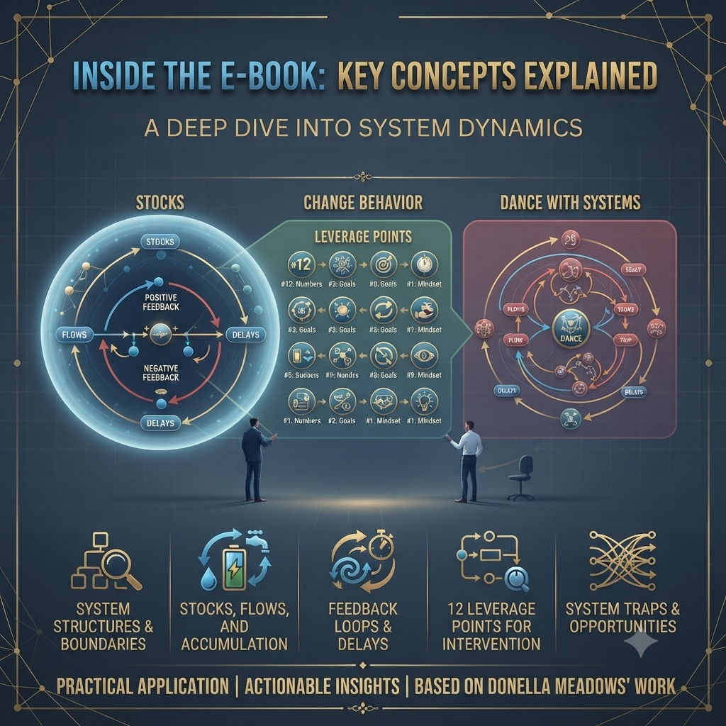 An infographic-style cover or promotional graphic for an e-book titled 'Inside the E-Book: Key Concepts Explained' about system dynamics. The design features a dark navy background with gold text and line art, two circular system diagrams, a central table labeled 'Change Behavior' with '12 Leverage Points,' and five illustrated icons at the bottom for system structures, stocks/flows, feedback loops, leverage points, and system traps.