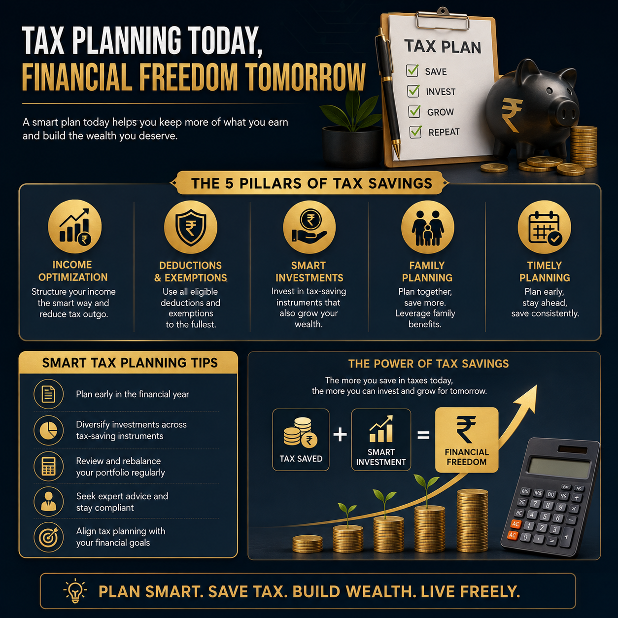 A promotional infographic for tax planning and financial freedom, featuring a dark navy background with gold and white text, icons, and diagrams including a tax plan checklist, coins, a piggy bank, and a calculator.