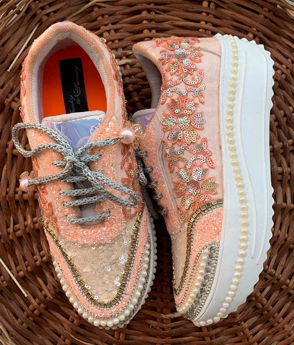 Handcrafted Peach Floral Bridal Sneakers