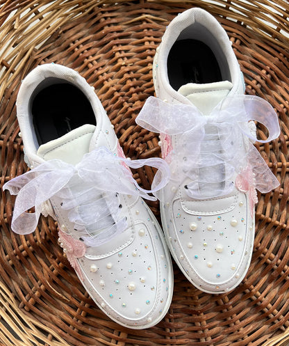 Lywire Luxe White Pearl Bridal Sneakers – Handcrafted with Silver Touch for the Big Day!