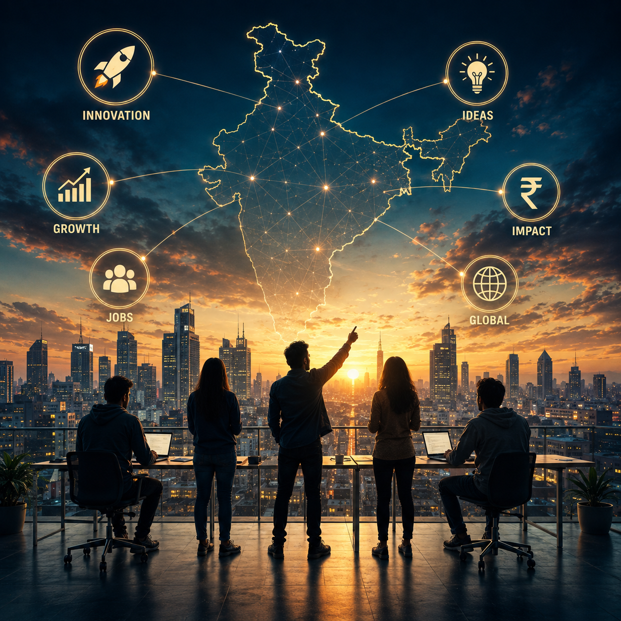 Silhouetted group of five people in a modern office overlooking a city skyline at sunset, with a glowing map of India and connected icons for innovation, ideas, growth, jobs, impact, and global presence above them.