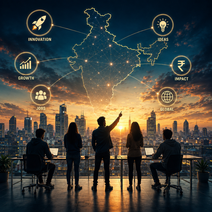 Silhouetted group of five people in a modern office overlooking a city skyline at sunset, with a glowing map of India and connected icons for innovation, ideas, growth, jobs, impact, and global presence above them.